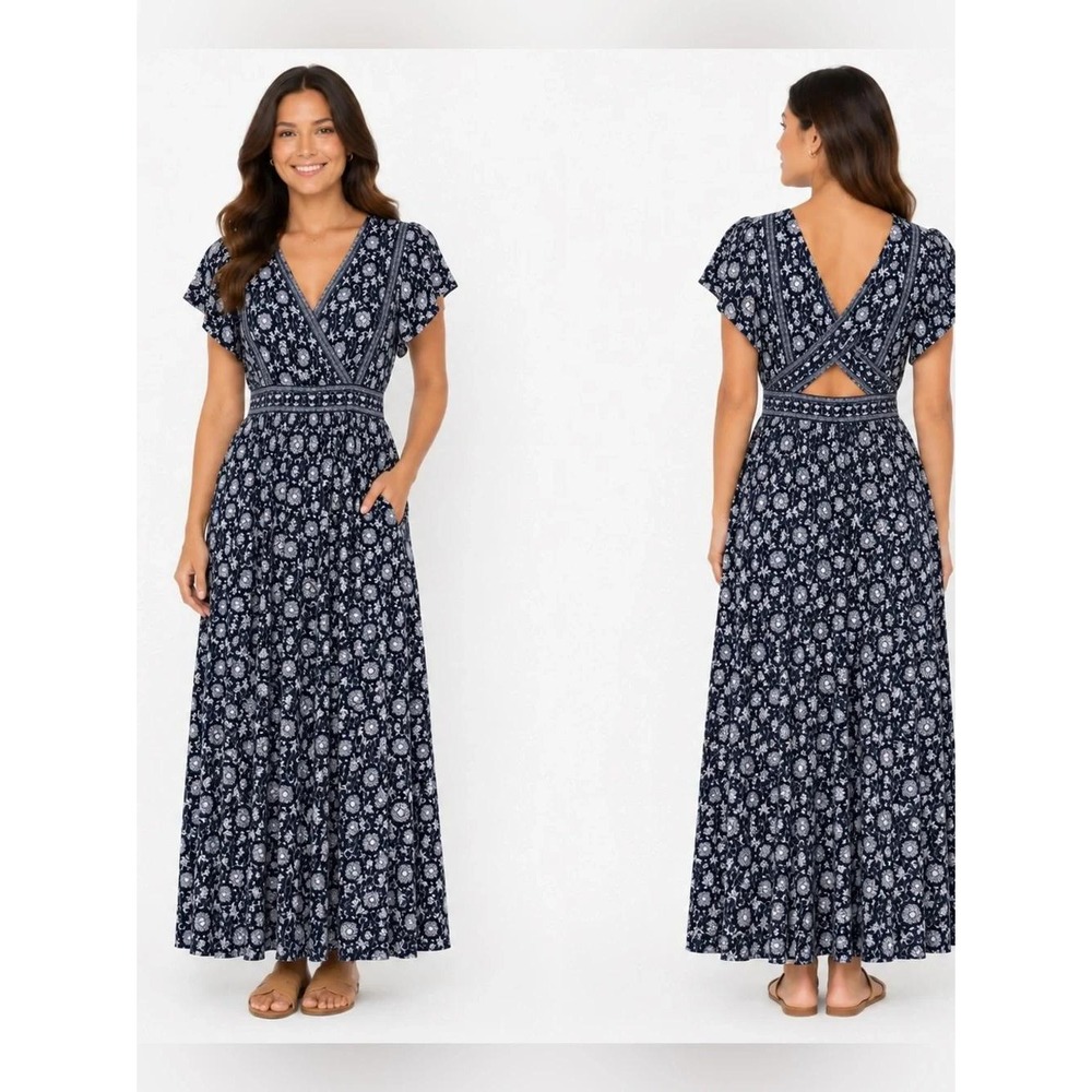 Max Studio Maxi Dress Women S Navy Blue Floral Cotton Blend Cutout Back 3902H68